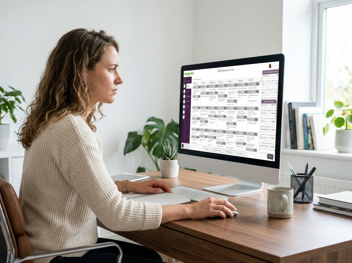 A woman with curly hair wearing a cream sweater sits at a wooden desk working on a desktop computer displaying a weekly meal plan interface titled '2100 Calorie Low Carb'. The desk also holds a keyboard, mouse, notebook, coffee mug, pen holder, smartphone, and stacked books, with green plants in the background near a window.