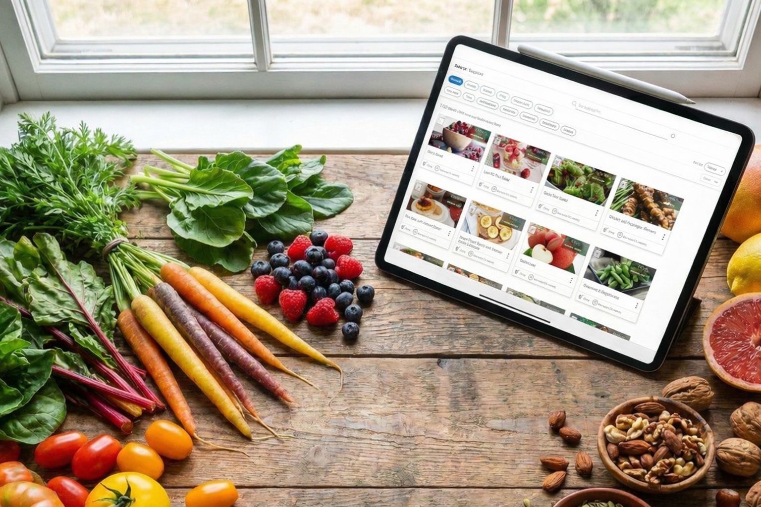 Wooden table near a window with fresh vegetables including multi-colored carrots, leafy greens, cherry tomatoes, and berries next to an iPad displaying a recipe library interface, with bowls of mixed nuts and grapefruit halves nearby.