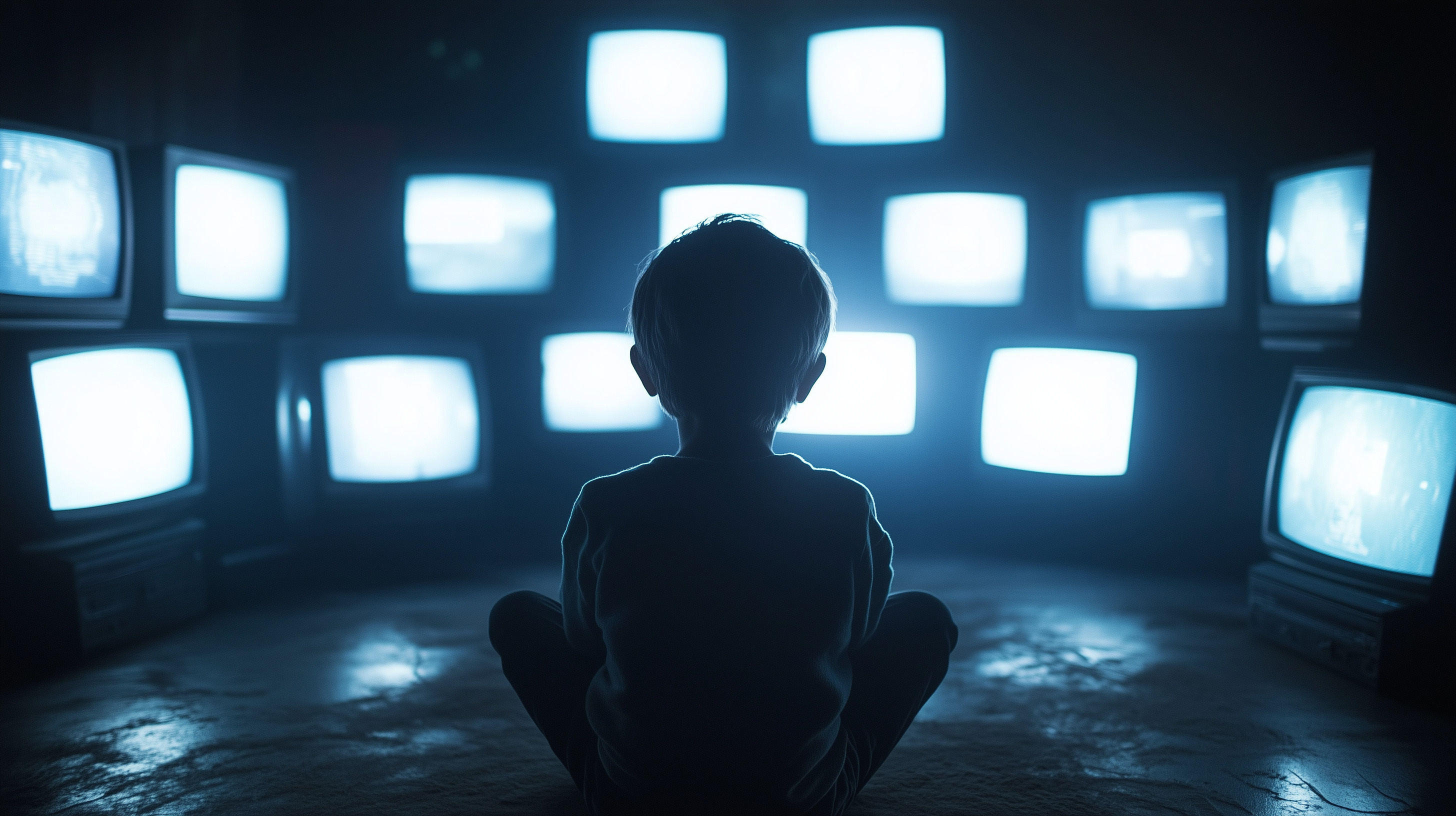 A boy sat in front of multiple television screens