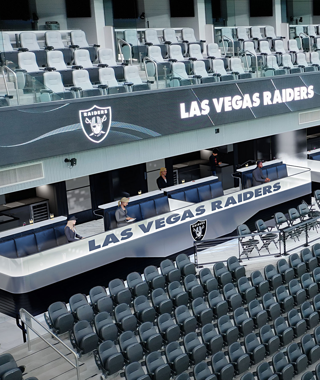 Rendering of a newly created sideline suite on the 100 Level of Allegiant Stadium inside the Modelo Cantina Club and Twitch Lounge.