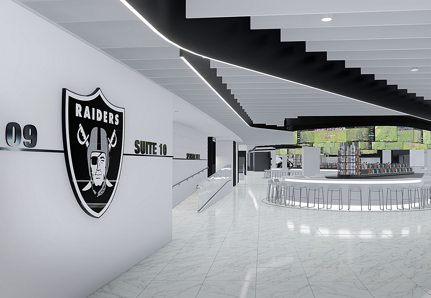 Rendering of a newly created sideline suite on the 100 Level of Allegiant Stadium inside the Modelo Cantina Club and Twitch Lounge.