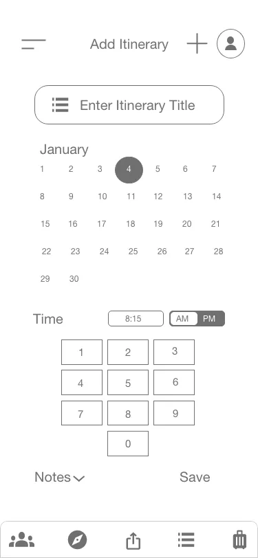 Add itinerary screen input wireframe