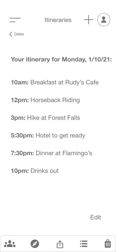 Itinerary output wireframe
