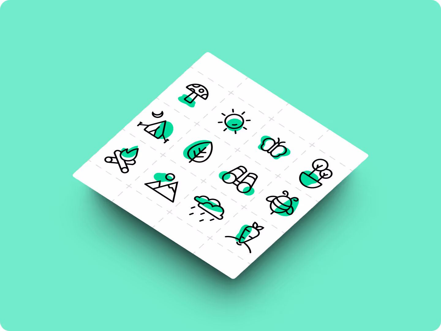 White square sheet with 12 black nature-themed line icons including mushroom, sun, butterfly, bee, leaf, campfire, mountain, rain cloud, binoculars, carrot, trees, and a tent on a green background.