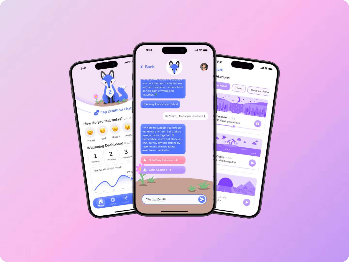 Three smartphone screens showing a mindfulness app with a cartoon fox mascot, mood tracking, chat support, and meditation options on a purple gradient background.