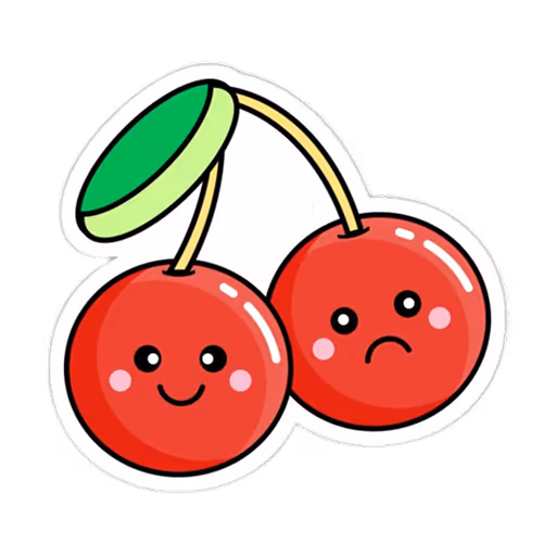 A cute sticker of two cherries, one frowning, and one smiling