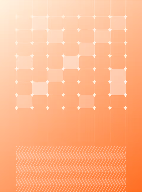 Orange gradient background with a grid of sparkling white squares at the top and a zigzag pattern at the bottom.