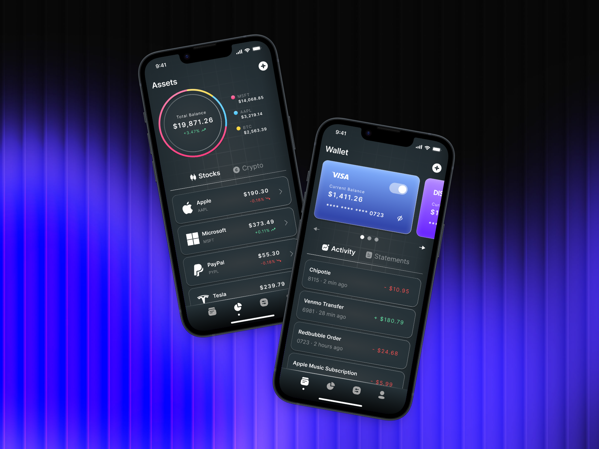 A dark-mode dashboard concept for tracking stocks and card activity. Focused on high-fidelity visual polish and clear data hierarchy for complex personal assets.