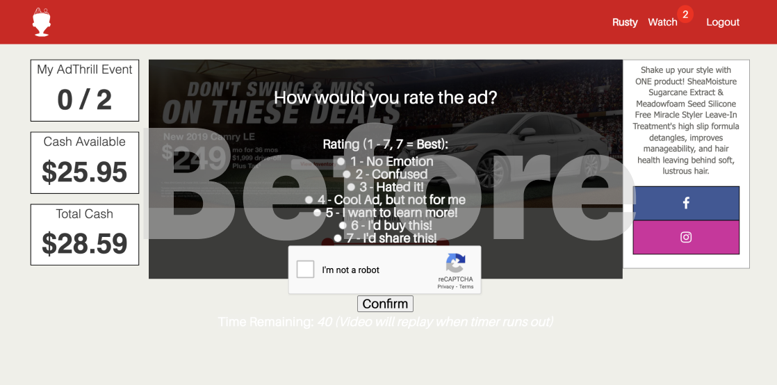 AdThrill's old watch page questionnaire