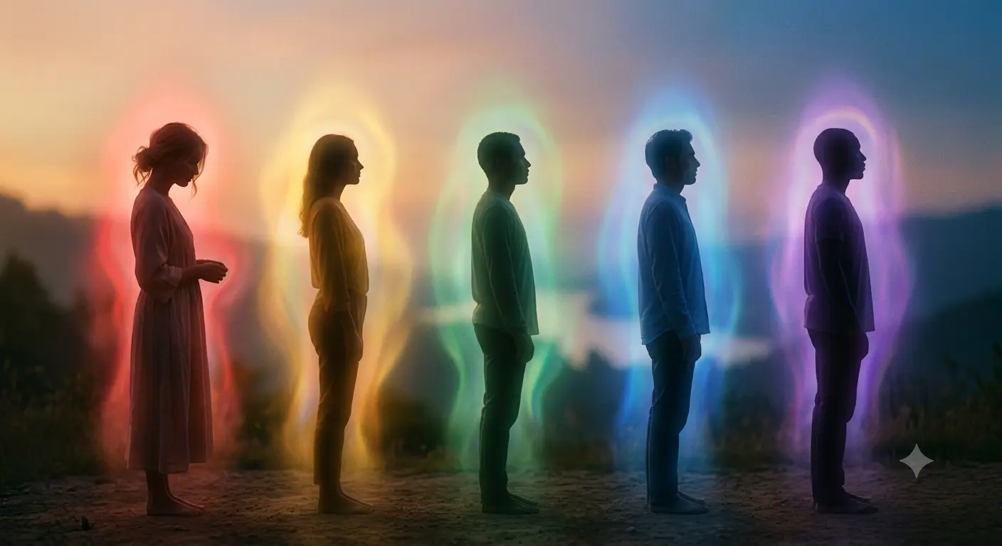 Aura colors and their meanings — silhouettes surrounded by different colored auras.