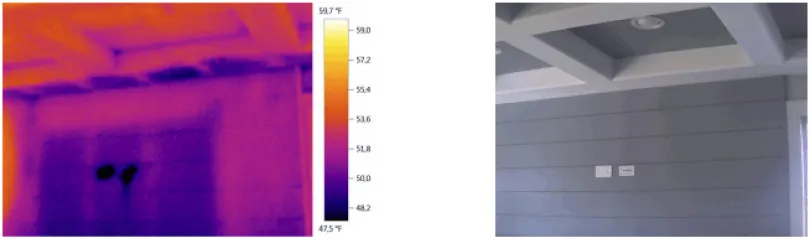 Infrared image of missing wall insulation and cold air infiltration by outlets