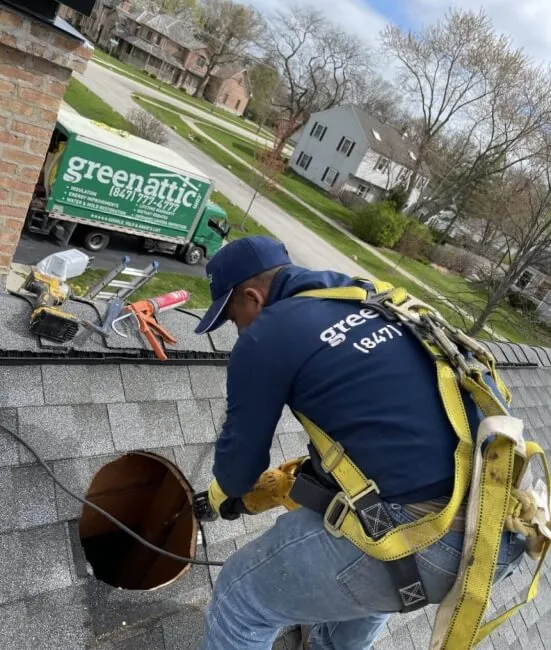 Green Attic technician installing a solar attic fan on a roof, company truck in the background