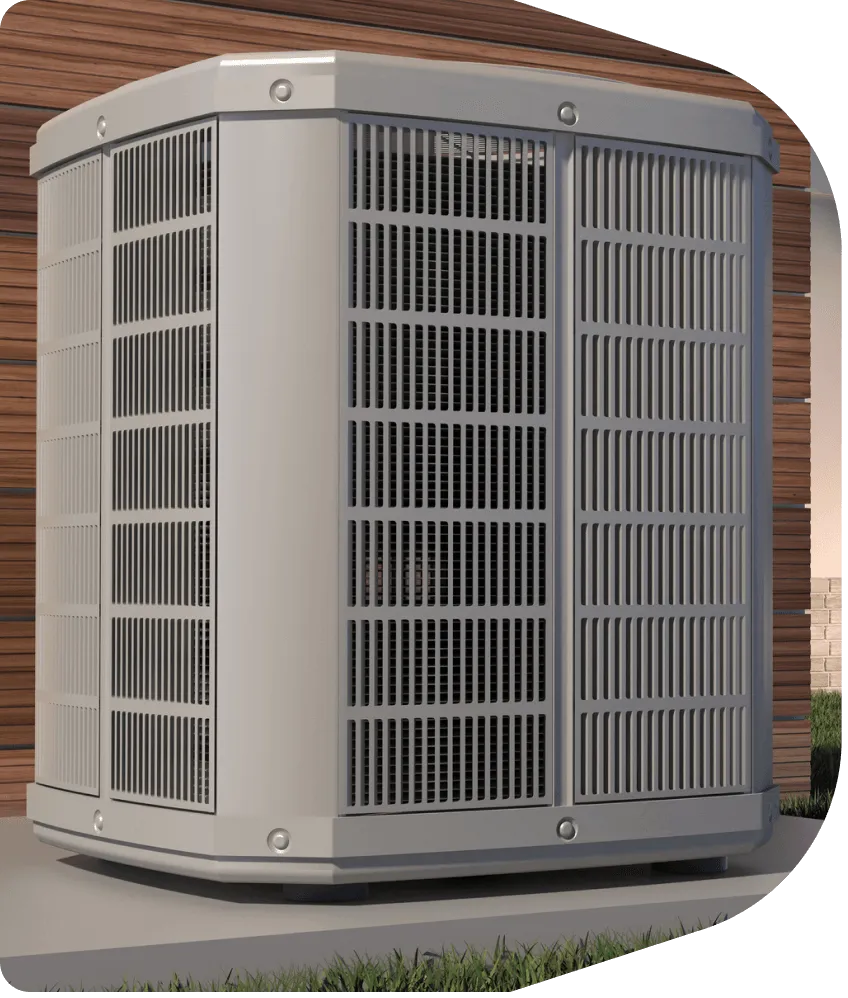 Close-up of an outdoor heat pump on a concrete pad beside wood siding