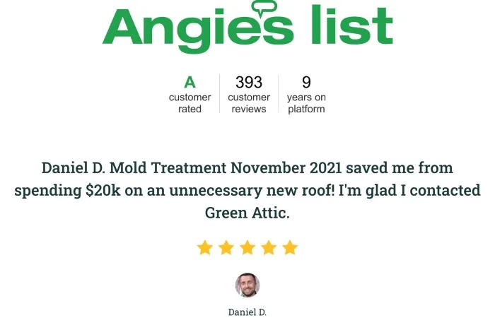 Angi’s List five-star customer review for Green Attic mold treatment service