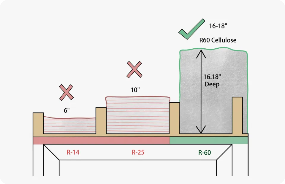Attic insulation depth diagram showing R-14, R-25, and R-60 cellulose levels