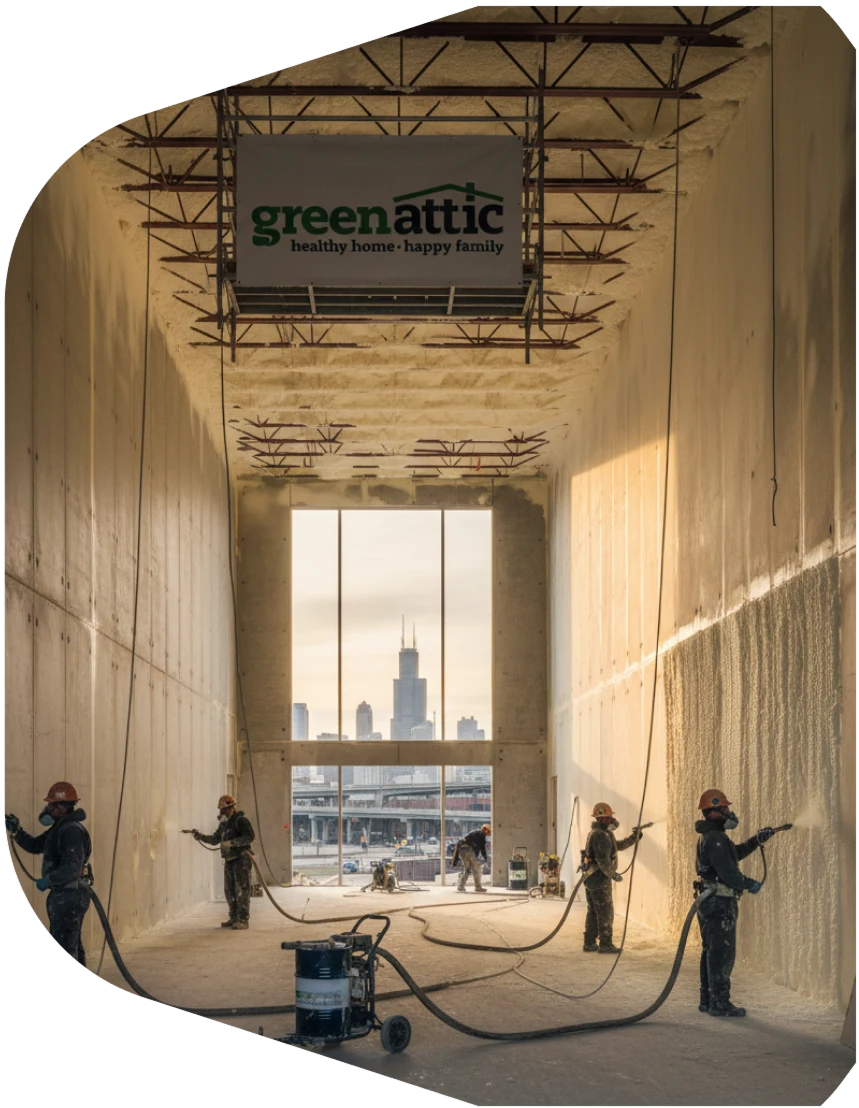 Crew spraying foam insulation on tall interior walls and ceiling in a commercial building