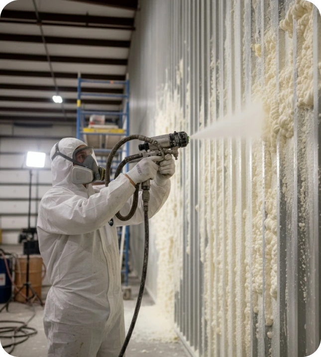Technician spraying open-cell foam onto a corrugated metal interior wall in a commercial building