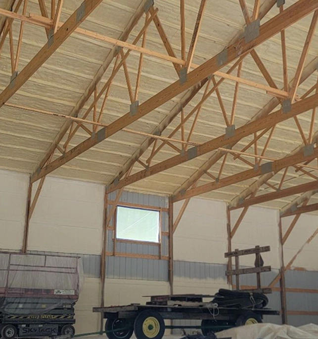 Closed-cell spray foam applied under the roof between wood trusses in a commercial building