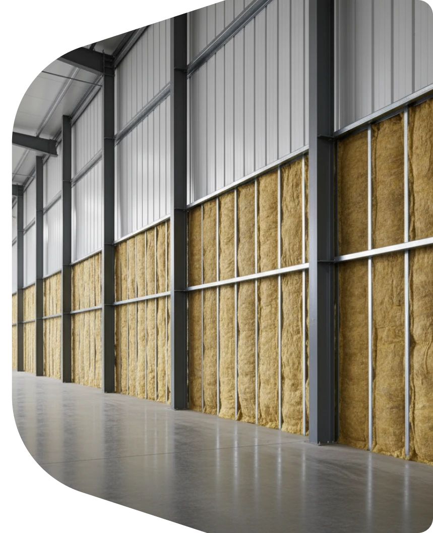 Commercial metal building wall with mineral wool batts between girts