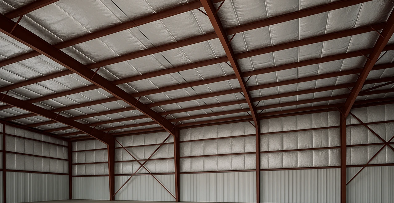 Metal building roof with FSK foil-faced fiberglass blankets and banding