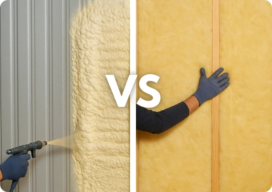 Split-screen: spray foam on metal panel versus fiberglass batt