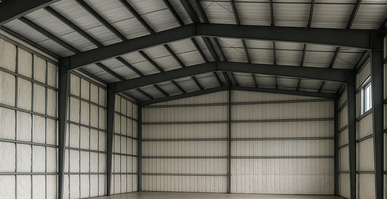 Metal building roof with FSK foil-faced fiberglass blankets and banding