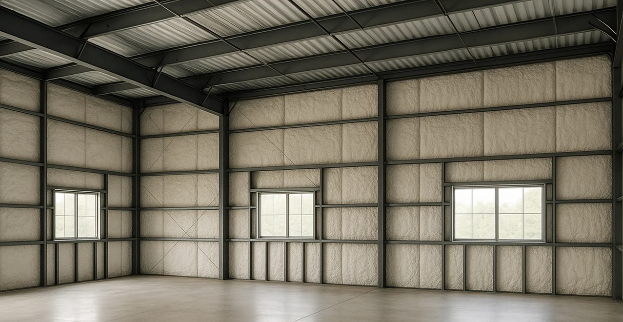 Closed-cell spray foam under the roof between wood trusses in a commercial warehouse
