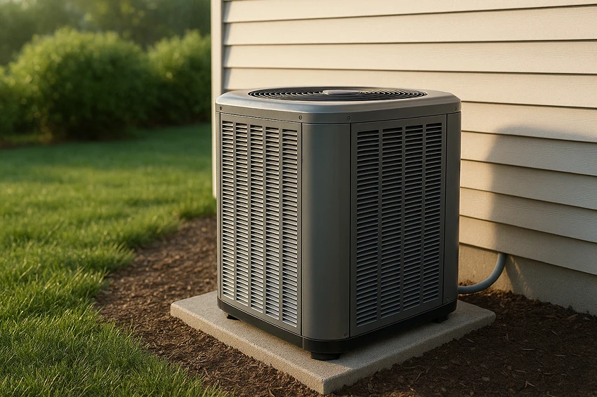American outdoor heat pump on a concrete pad beside a home with vinyl siding