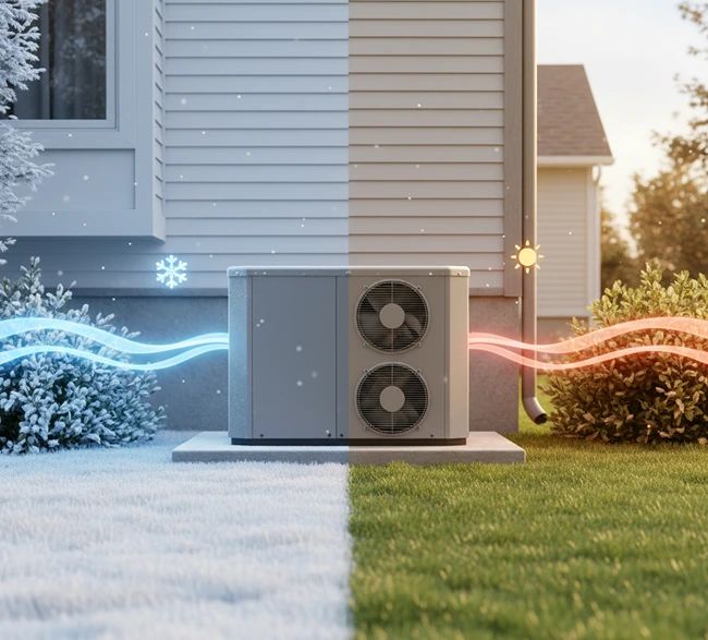 Outdoor heat pump beside a house showing winter and summer split, with blue and red airflow lines