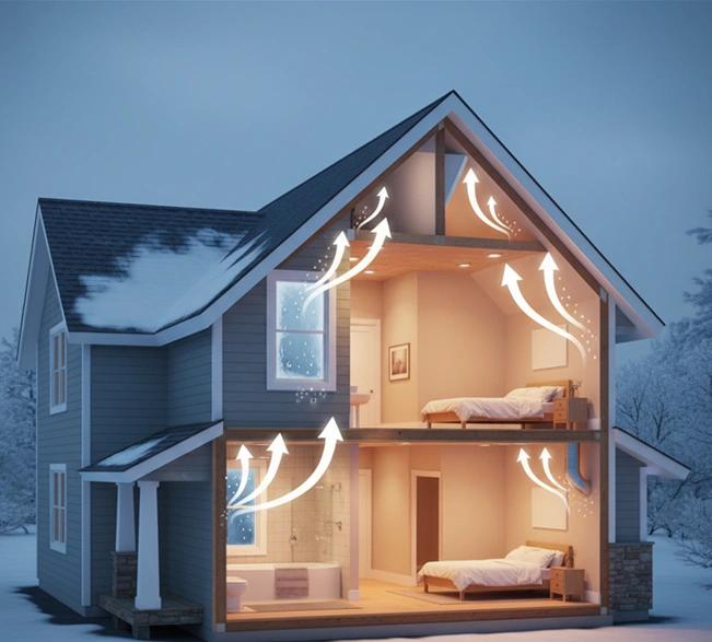 Cutaway of a house in winter illustrating condensation and vapor movement