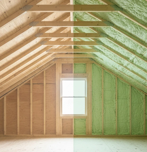 Split-view attic with window: left side bare wood framing, right side green spray foam insulation