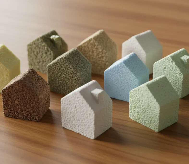 House-shaped samples of insulation materials such as fiberglass, mineral wool, cellulose, spray foam, and rigid foam placed on a wood table