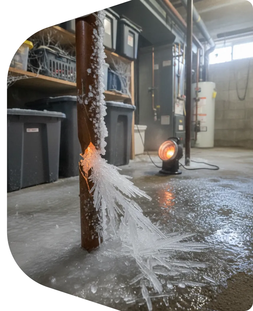 Frozen burst pipe in a basement with heavy ice buildup and water damage