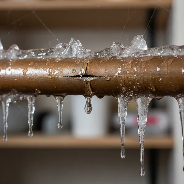 Close-up of a cracked frozen pipe with ice buildup forming icicles.