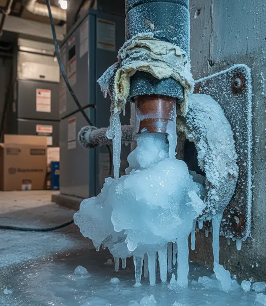 Frozen basement pipe with heavy ice buildup