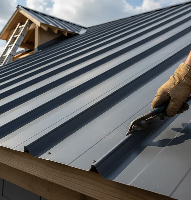 Contractor installing standing-seam metal roof panels.