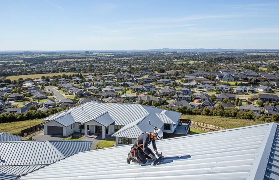 Roofer installing metal roofing on a home to show ultra-durable metal roof benefits.