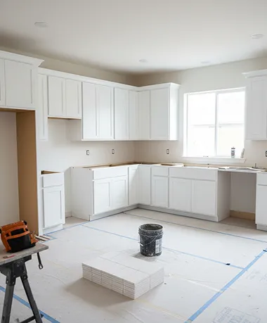 Kitchen remodeling project with new cabinets installed and floors protected