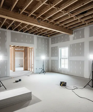 Home remodeling interior with exposed framing and new drywall installed