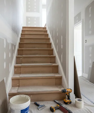 Staircase remodeling project with tools and new drywall on walls
