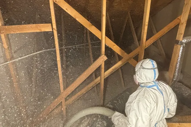Technician in full protective suit blowing loose-fill cellulose insulation across an attic floor