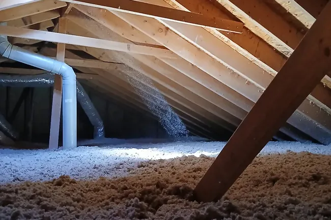 Blown-in cellulose insulation covering an attic floor