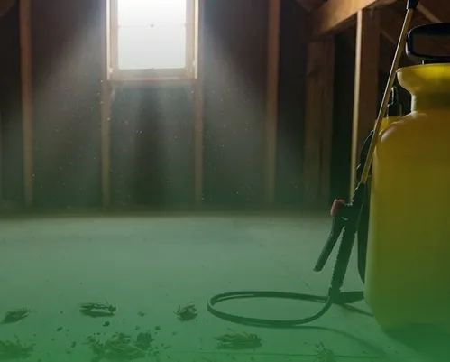 Pest control equipment in an attic demonstrating how treated cellulose insulation supports pest prevention