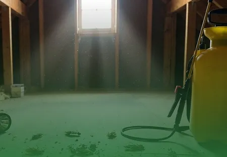 Pest control treatment setup in attic insulation area