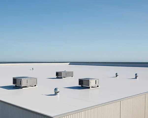 Commercial flat roofing system on a Chicago building with HVAC units