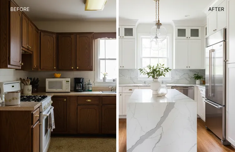 Side-by-side before and after of a kitchen remodel