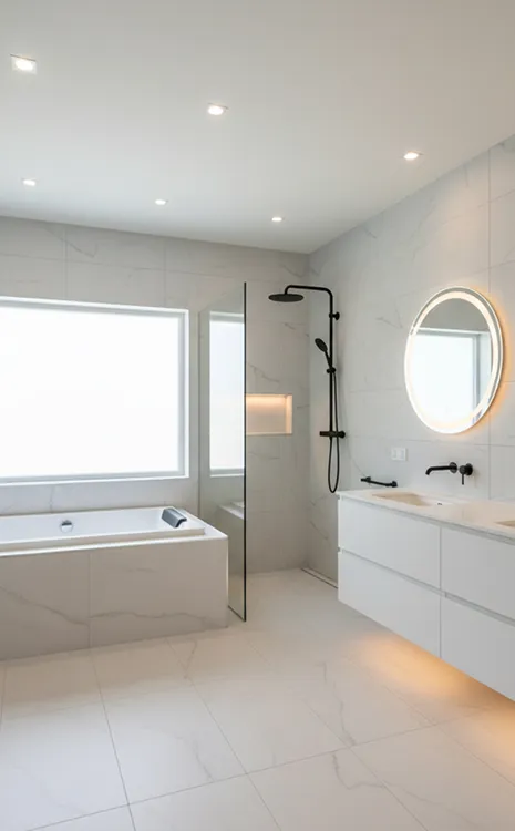 Modern bathroom remodel featuring a large soaking tub, frameless glass shower, dual floating vanities, and soft LED lighting