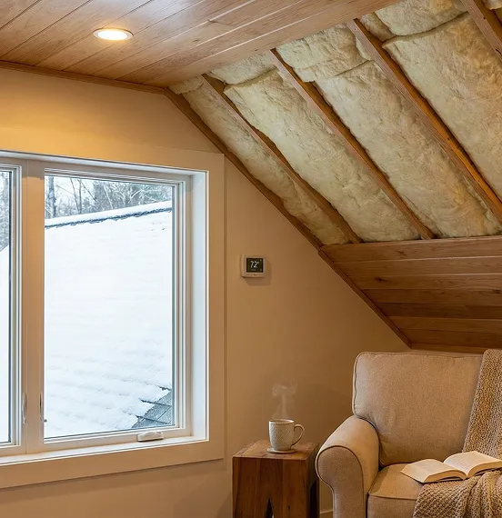 Cozy, well-insulated attic room in winter with visible attic insulation