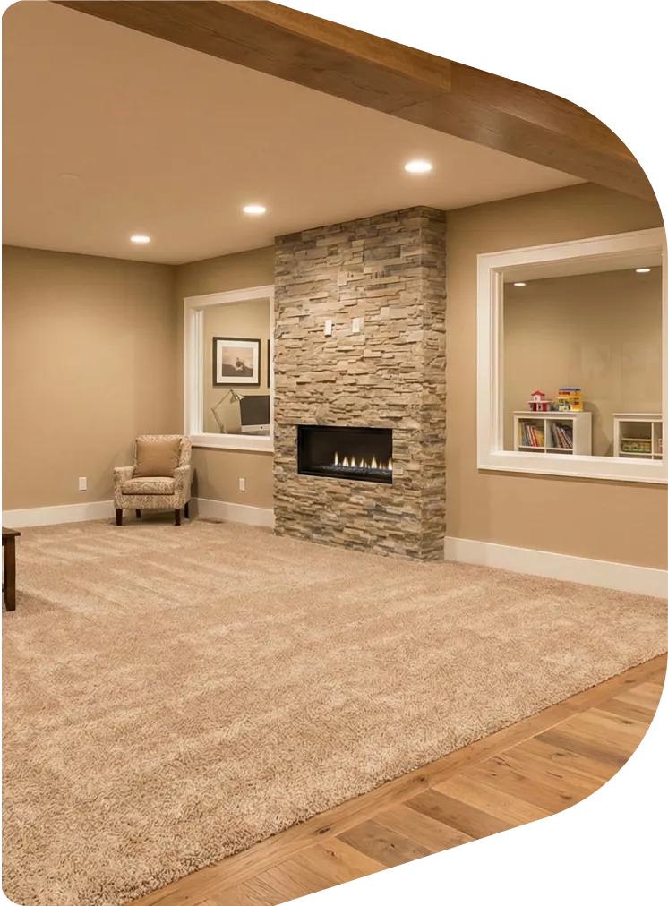 Finished modern basement with warm lighting and a clean, updated look