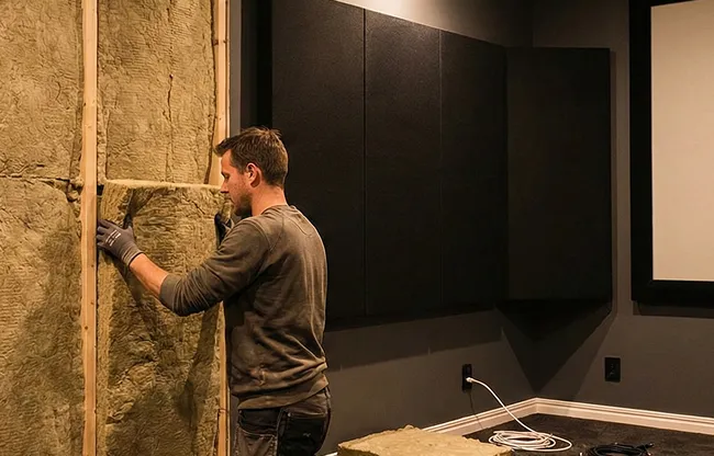 Installer placing soundproof insulation batts in a home theater wa